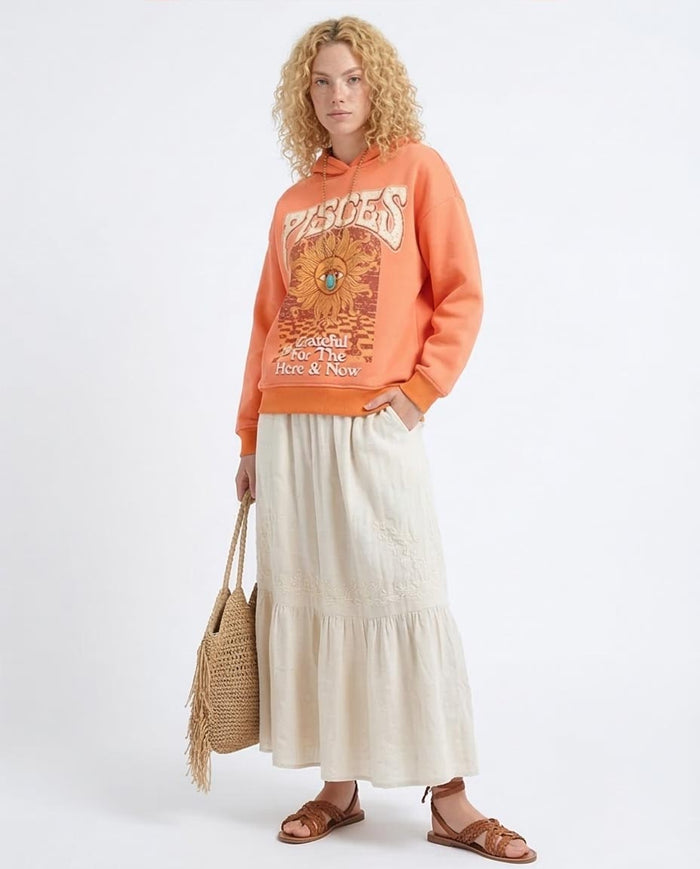 Pisces Celestial Graphic Oversized Hoodie in Vibrant Coral - O201148
