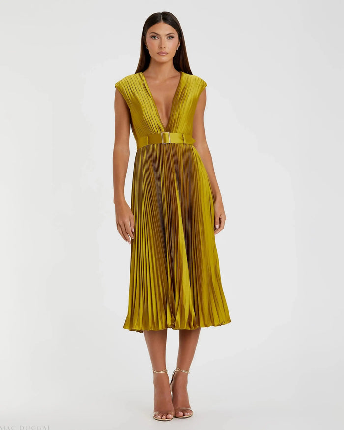 Green Pleated Cap Sleeve Belted A Line Dress - Mac Duggal