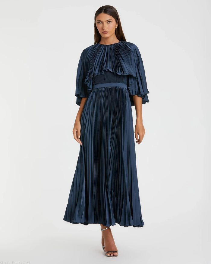 Blue Pleated Caplet Tea-length Dress - Mac Duggal