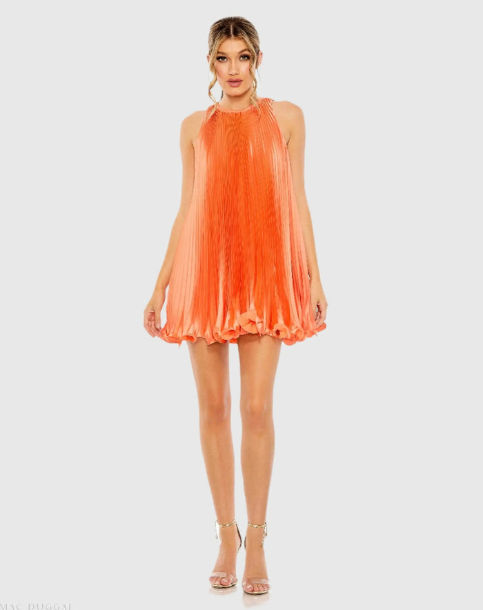 Orange Pleated Halter Neck Flowy Mini Trapeze Dress - Mac Duggal