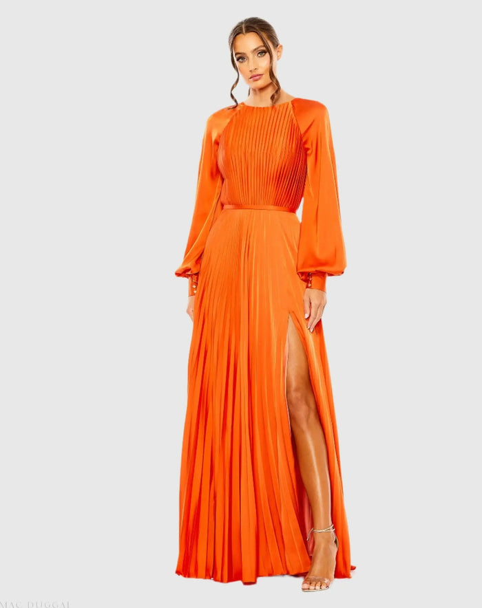 Orange Pleated High Neck Raglan Long Sleeve Side Slit Gown - Ieena for Mac Duggal