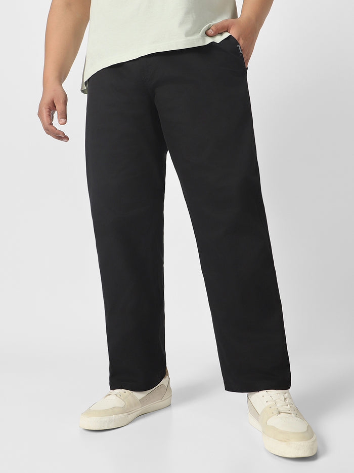 Plus Men's Black Cotton Regular Fit Casual Chinos Trousers Stretch