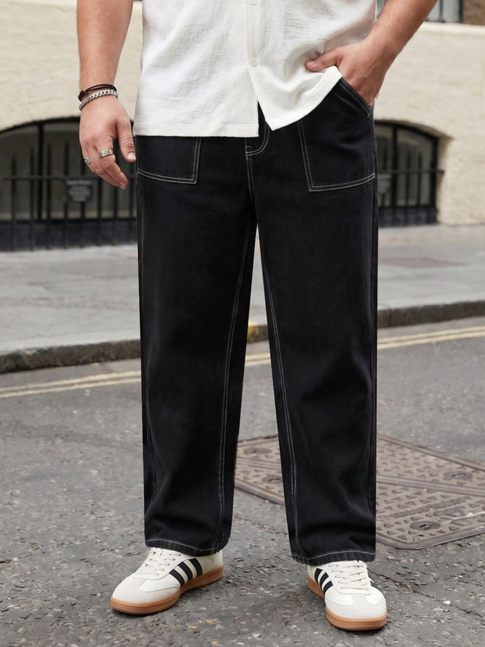 Plus Men's Black Loose Baggy Fit Washed Denim Jeans Non-Stretchable