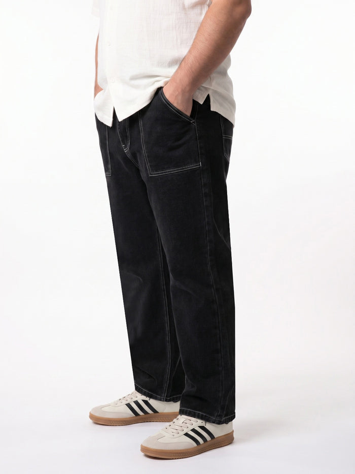Plus Men's Black Loose Baggy Fit Washed Denim Jeans Non-Stretchable