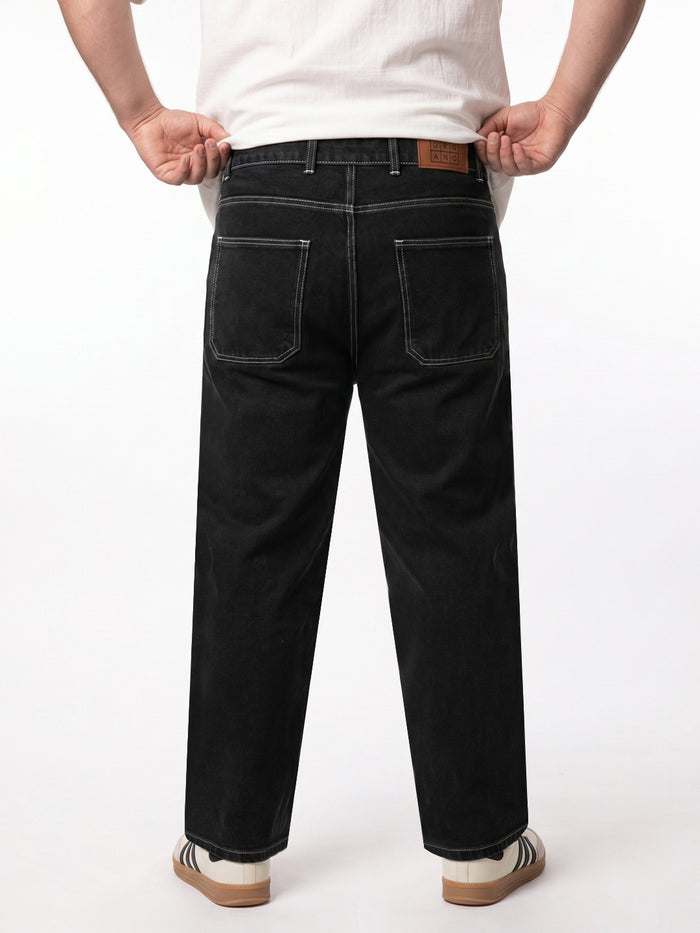 Plus Men's Black Loose Baggy Fit Washed Denim Jeans Non-Stretchable