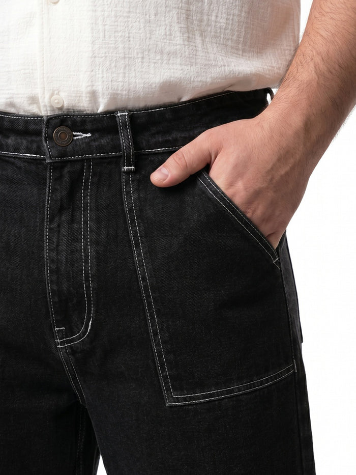 Plus Men's Black Loose Baggy Fit Washed Denim Jeans Non-Stretchable