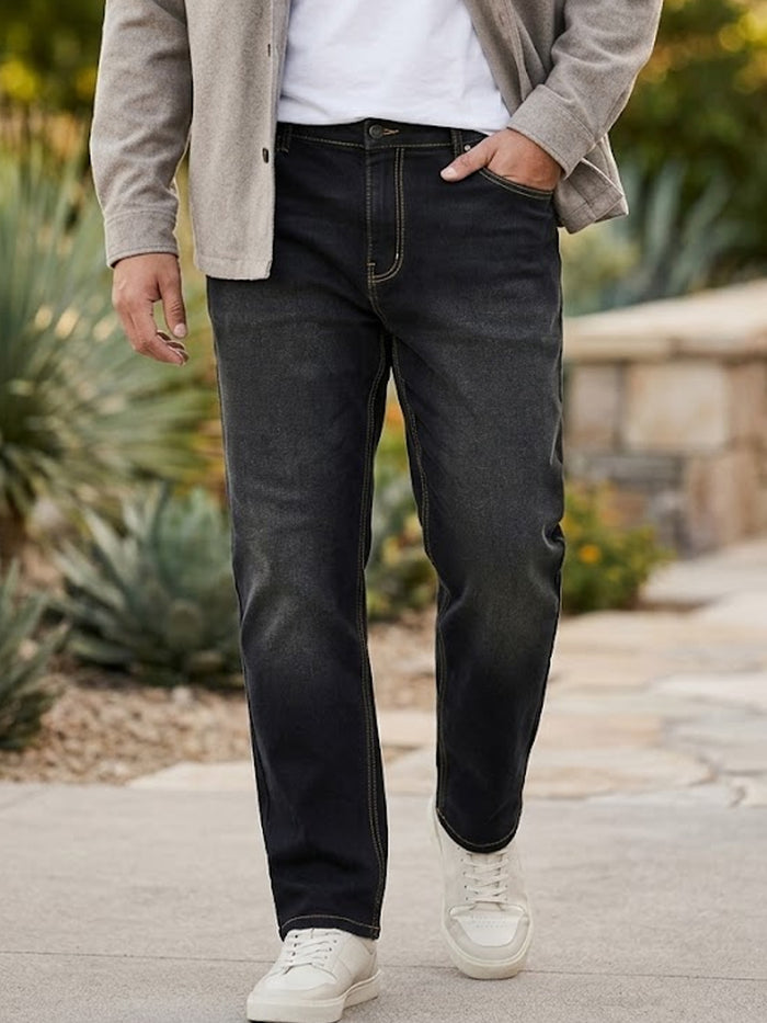 Plus Men's Black Regular Fit Washed Jeans Stretchable