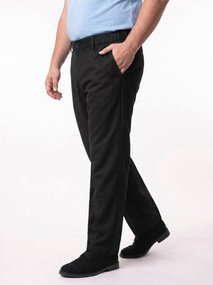 Plus Men's Black Relaxed Fit Solid Linen Blend Trousers Non-Stretchable