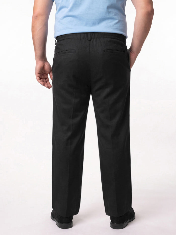 Plus Men's Black Relaxed Fit Solid Linen Blend Trousers Non-Stretchable