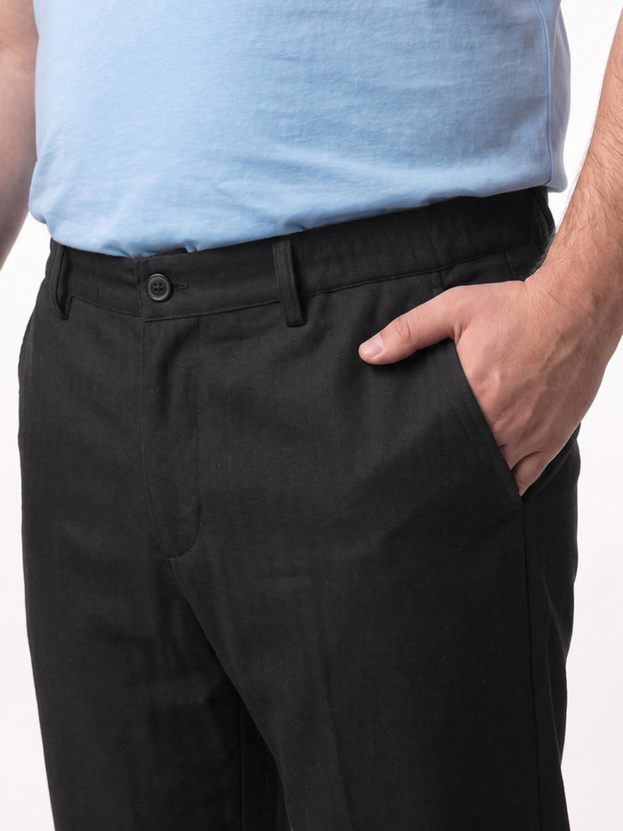 Plus Men's Black Relaxed Fit Solid Linen Blend Trousers Non-Stretchable