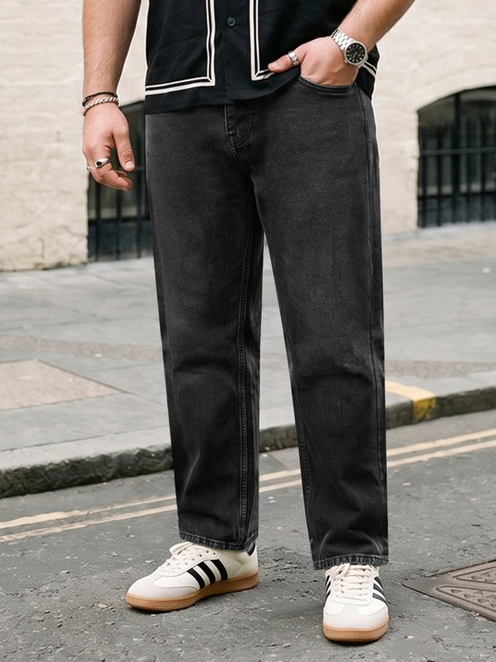 Plus Men's Black Relaxed Fit Washed Denim Jeans Non-Stretchable