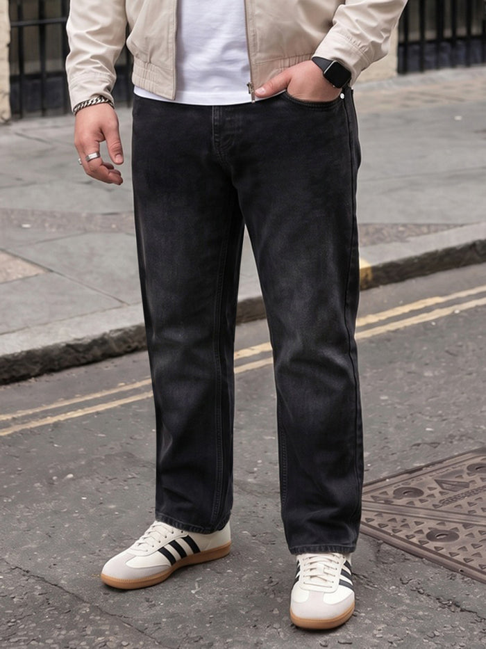Plus Men's Black Relaxed Fit Washed Denim Jeans Non-Stretchable