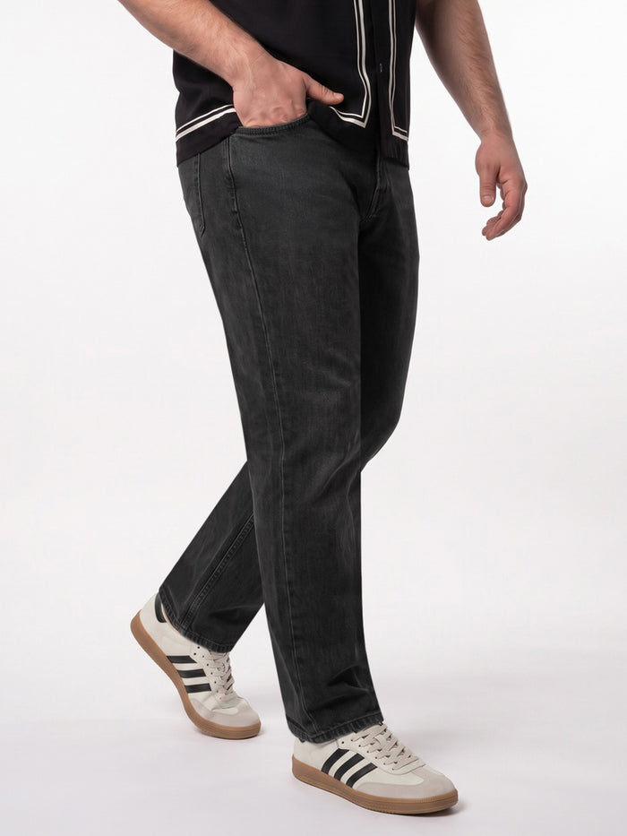 Plus Men's Black Relaxed Fit Washed Denim Jeans Non-Stretchable