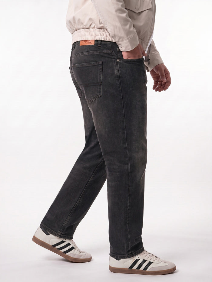 Plus Men's Black Relaxed Fit Washed Denim Jeans Non-Stretchable