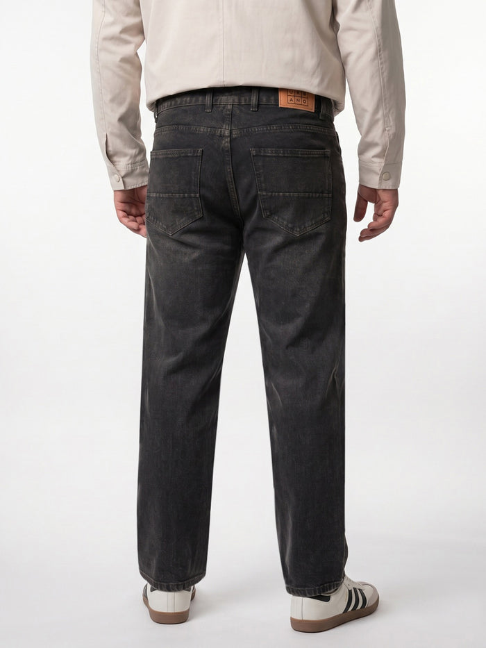 Plus Men's Black Relaxed Fit Washed Denim Jeans Non-Stretchable