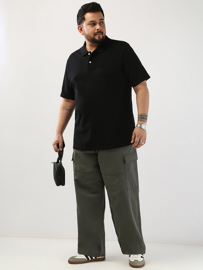 Plus Men's Black Solid Regular Fit Half Sleeve Cotton Polo T-Shirt
