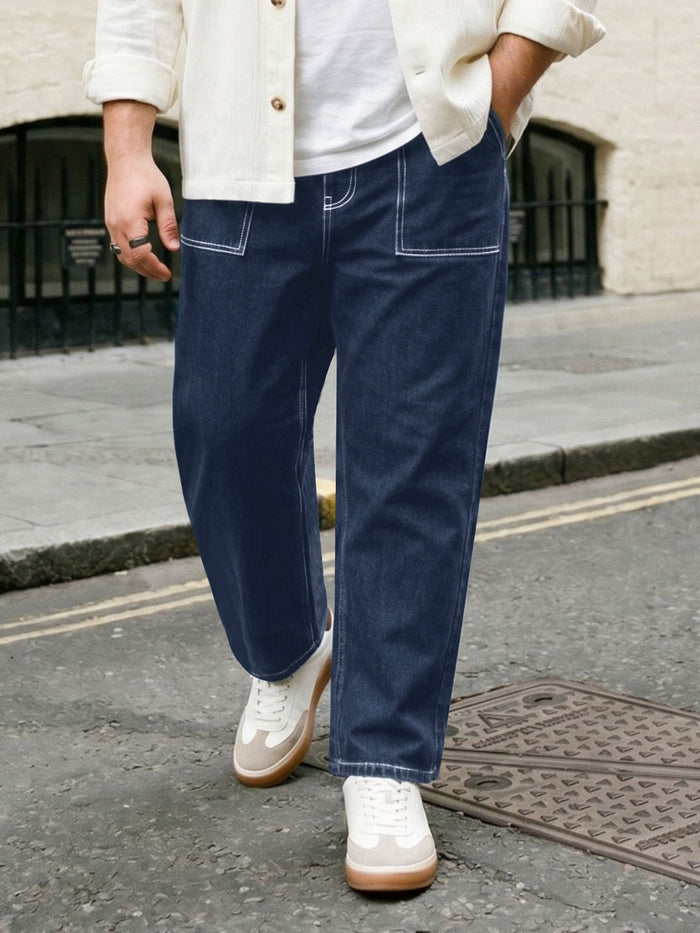 Plus Men's Blue Loose Baggy Fit Washed Denim Jeans Non-Stretchable