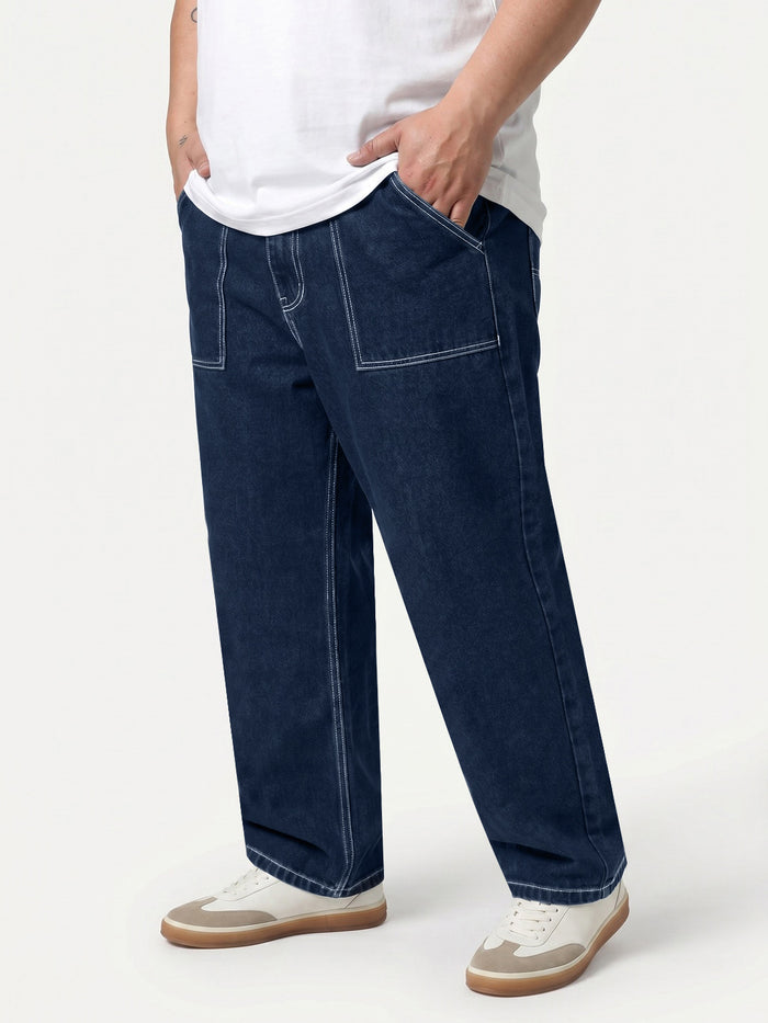 Plus Men's Blue Loose Baggy Fit Washed Denim Jeans Non-Stretchable