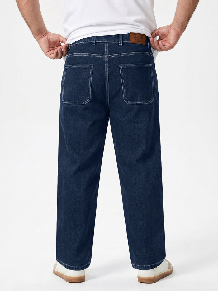 Plus Men's Blue Loose Baggy Fit Washed Denim Jeans Non-Stretchable