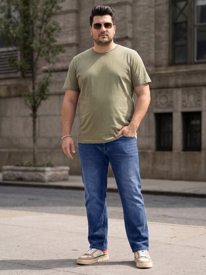 Plus Men's Blue Relaxed Fit Washed Denim Jeans Non-Stretchable