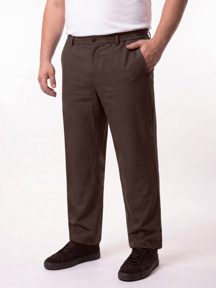 Plus Men's Brown Relaxed Fit Solid Linen Blend Trousers Non-Stretchable