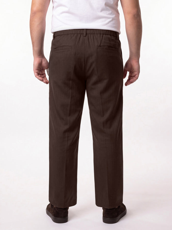 Plus Men's Brown Relaxed Fit Solid Linen Blend Trousers Non-Stretchable