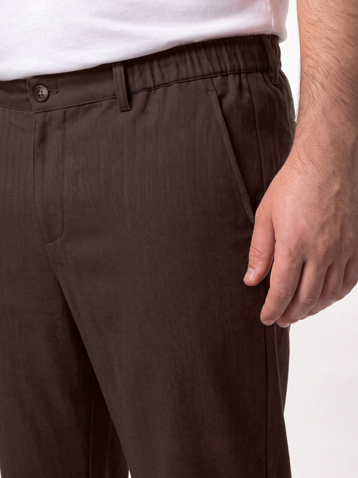 Plus Men's Brown Relaxed Fit Solid Linen Blend Trousers Non-Stretchable
