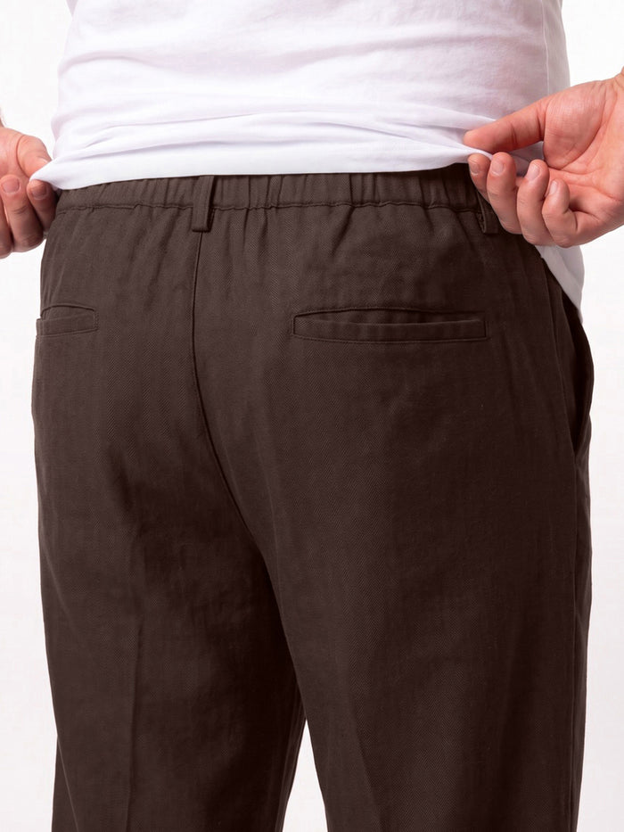 Plus Men's Brown Relaxed Fit Solid Linen Blend Trousers Non-Stretchable