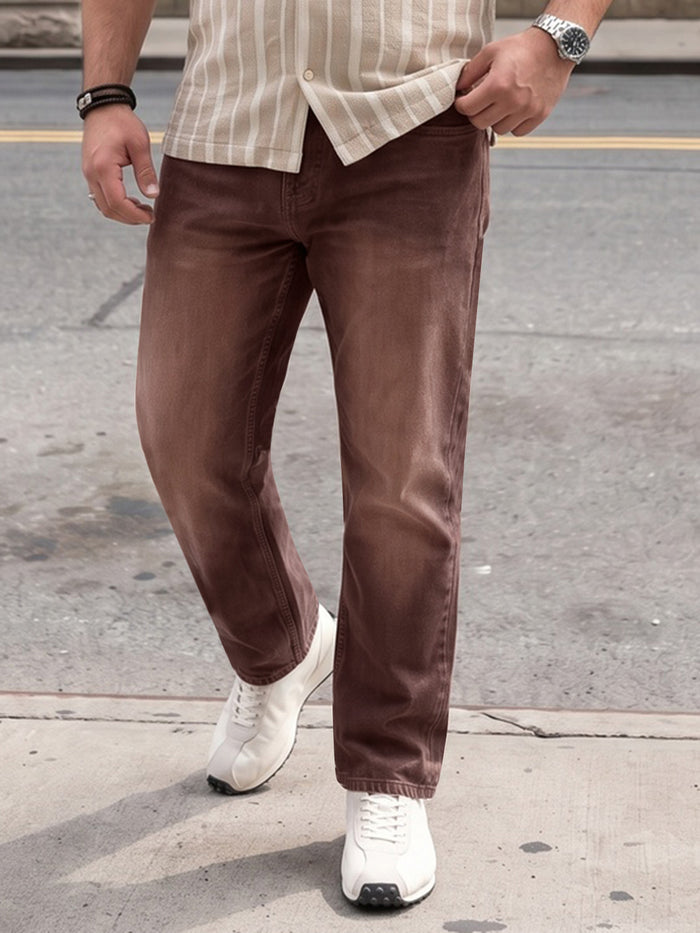 Plus Men's Brown Relaxed Fit Washed Denim Jeans Non-Stretchable