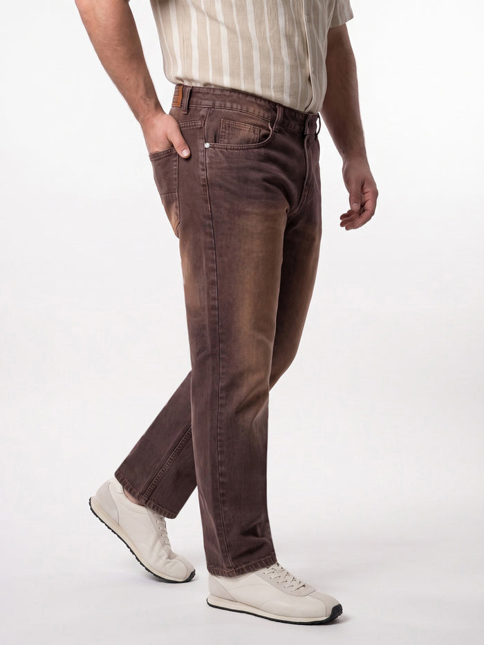 Plus Men's Brown Relaxed Fit Washed Denim Jeans Non-Stretchable