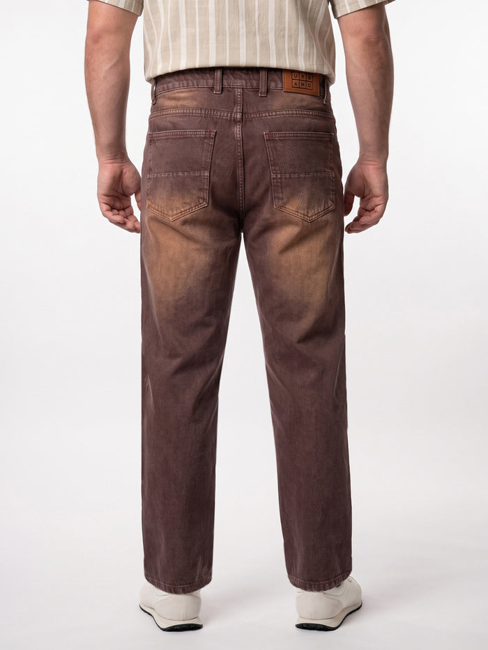 Plus Men's Brown Relaxed Fit Washed Denim Jeans Non-Stretchable
