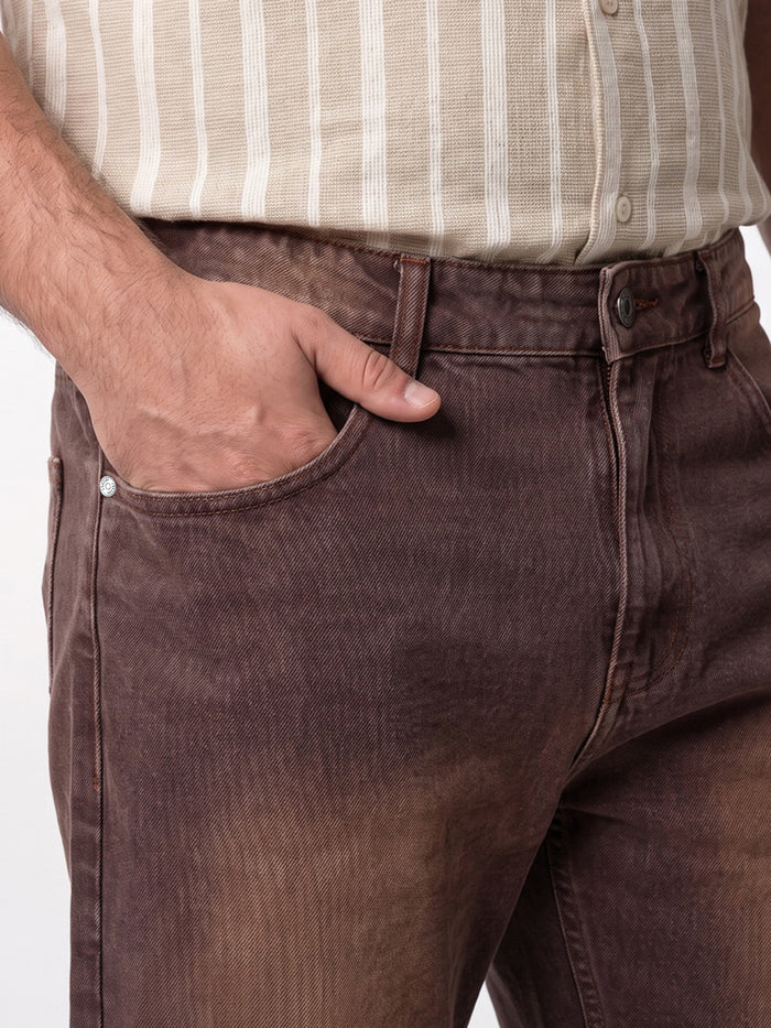 Plus Men's Brown Relaxed Fit Washed Denim Jeans Non-Stretchable