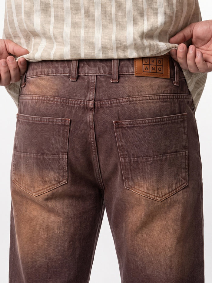 Plus Men's Brown Relaxed Fit Washed Denim Jeans Non-Stretchable