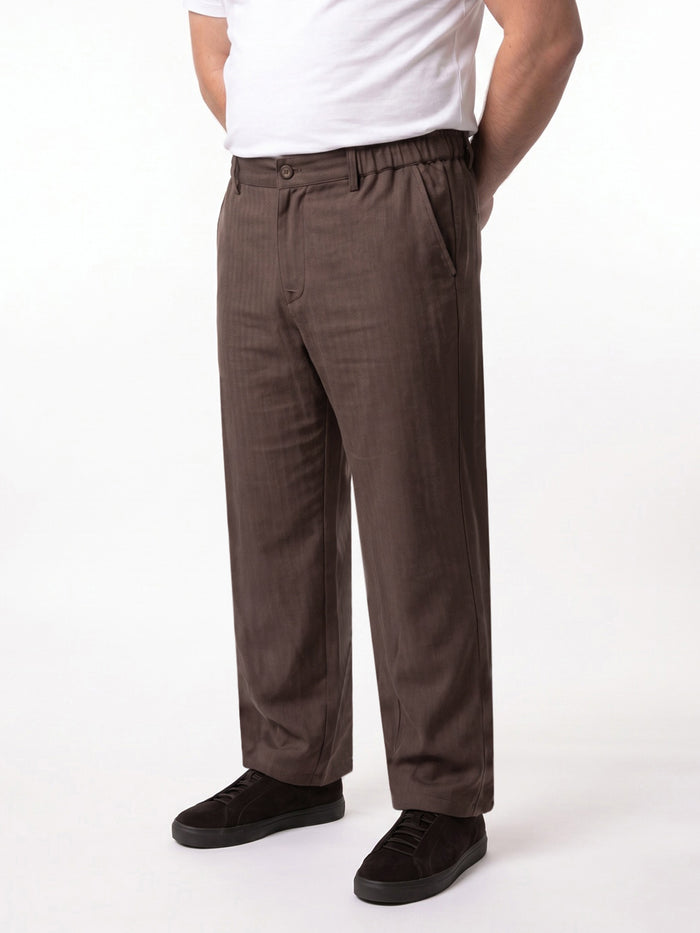 Plus Men's Chocolate Relaxed Fit Solid Linen Blend Trousers Non-Stretchable