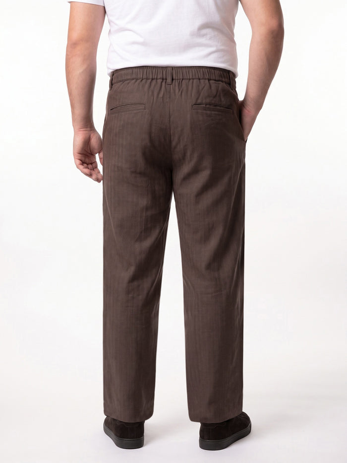 Plus Men's Chocolate Relaxed Fit Solid Linen Blend Trousers Non-Stretchable
