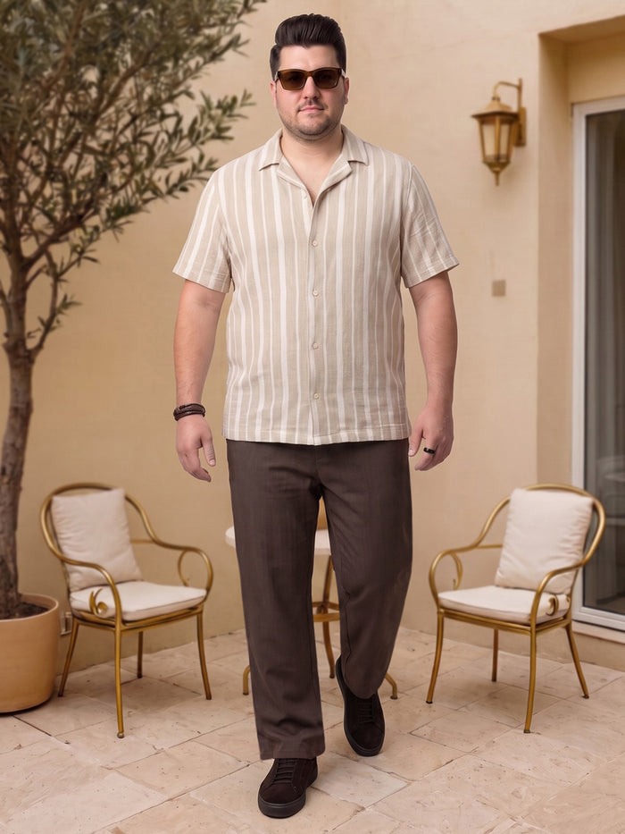 Plus Men's Chocolate Relaxed Fit Solid Linen Blend Trousers Non-Stretchable