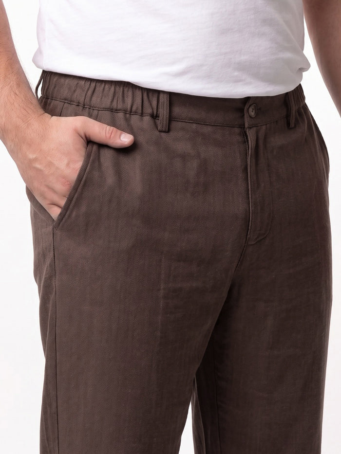 Plus Men's Chocolate Relaxed Fit Solid Linen Blend Trousers Non-Stretchable