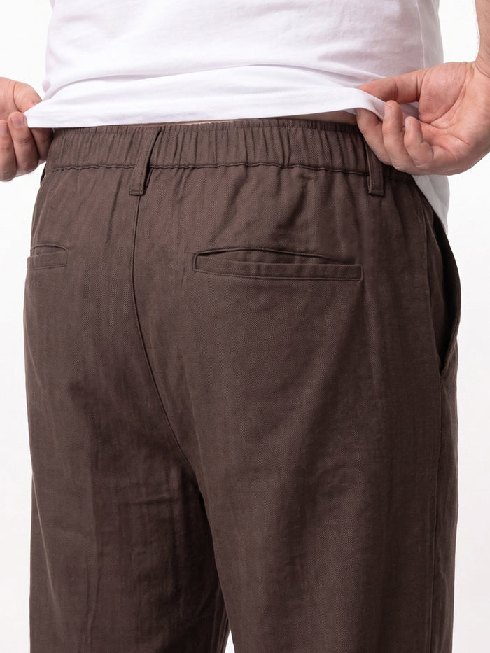 Plus Men's Chocolate Relaxed Fit Solid Linen Blend Trousers Non-Stretchable