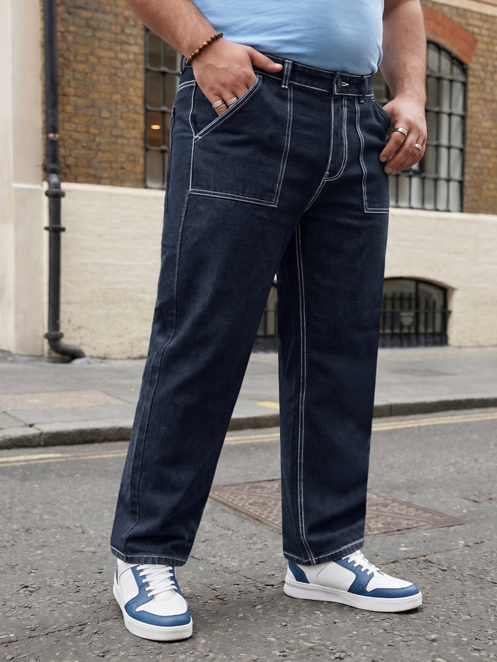 Plus Men's Dark Blue Loose Baggy Fit Washed Denim Jeans Non-Stretchable