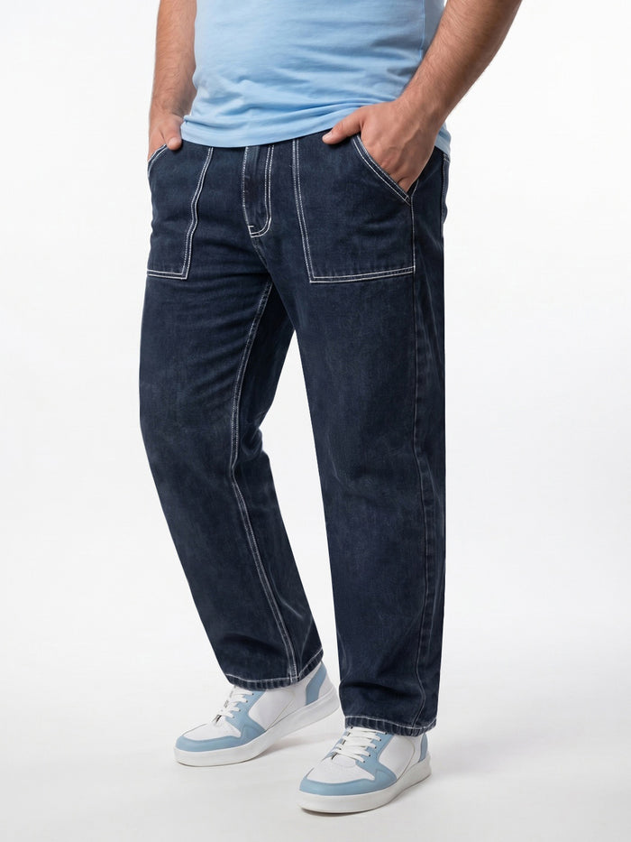 Plus Men's Dark Blue Loose Baggy Fit Washed Denim Jeans Non-Stretchable