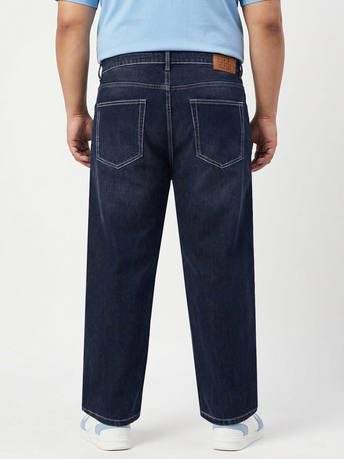 Plus Men's Dark Blue Loose Baggy Fit Washed Denim Jeans Non-Stretchable