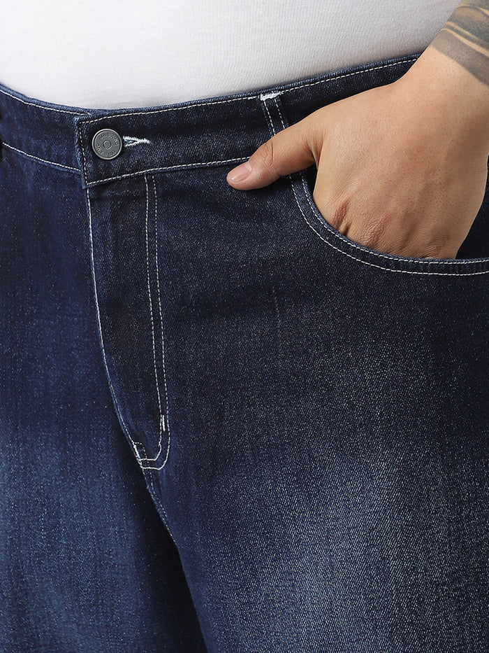Plus Men's Dark Blue Loose Baggy Fit Washed Jeans Non-Stretchable
