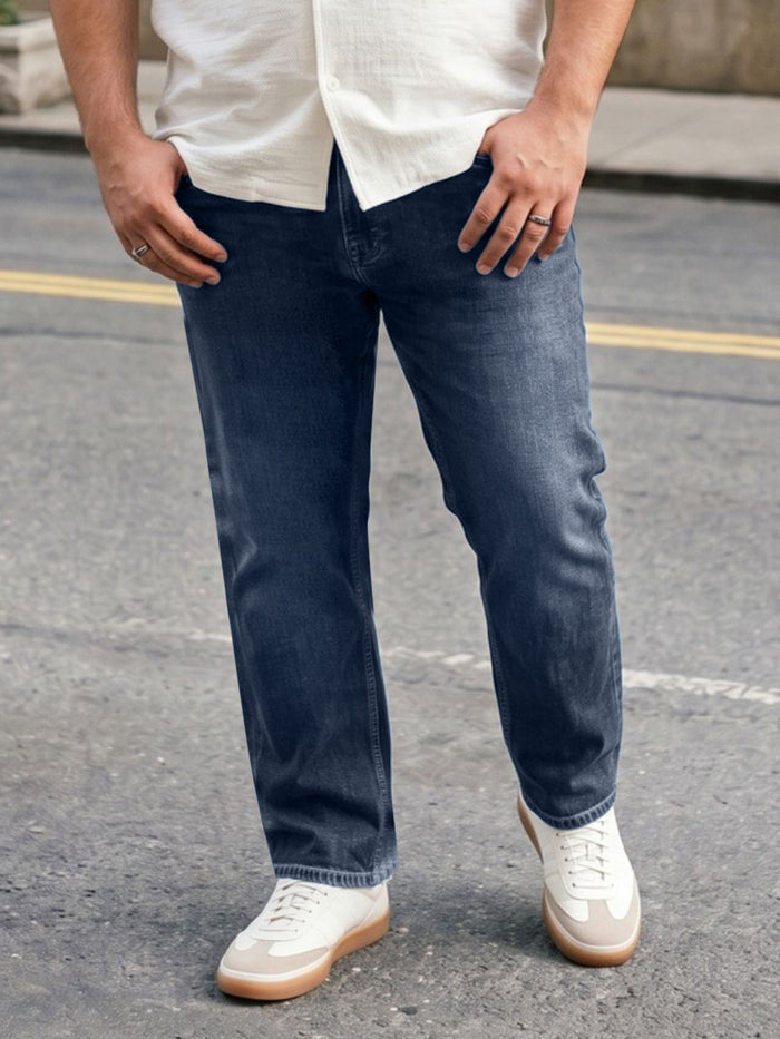 Plus Men's Dark Blue Relaxed Fit Washed Denim Jeans Non-Stretchable