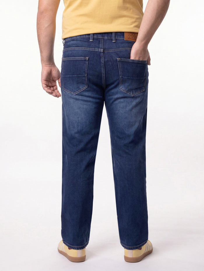 Plus Men's Dark Blue Relaxed Fit Washed Denim Jeans Non-Stretchable