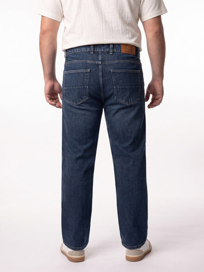 Plus Men's Dark Blue Relaxed Fit Washed Denim Jeans Non-Stretchable