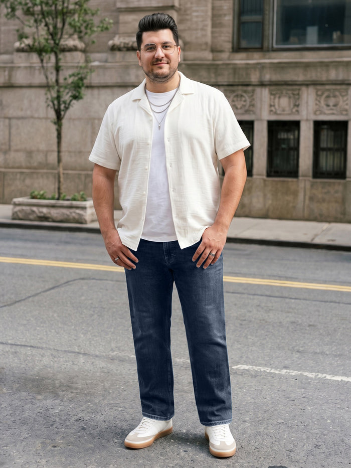 Plus Men's Dark Blue Relaxed Fit Washed Denim Jeans Non-Stretchable