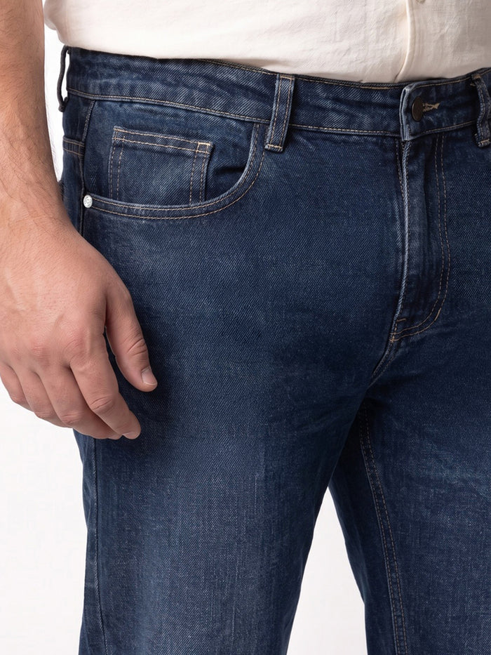 Plus Men's Dark Blue Relaxed Fit Washed Denim Jeans Non-Stretchable