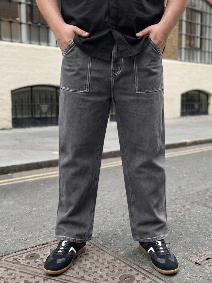 Plus Men's Dark Grey Loose Baggy Fit Washed Denim Jeans Non-Stretchable