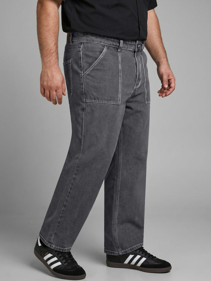 Plus Men's Dark Grey Loose Baggy Fit Washed Denim Jeans Non-Stretchable