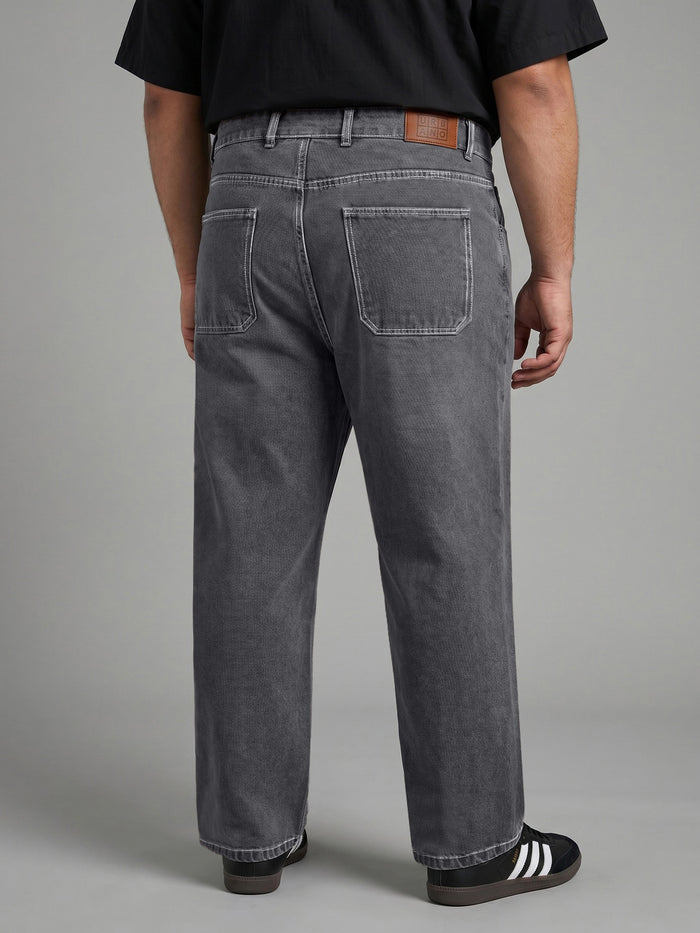 Plus Men's Dark Grey Loose Baggy Fit Washed Denim Jeans Non-Stretchable